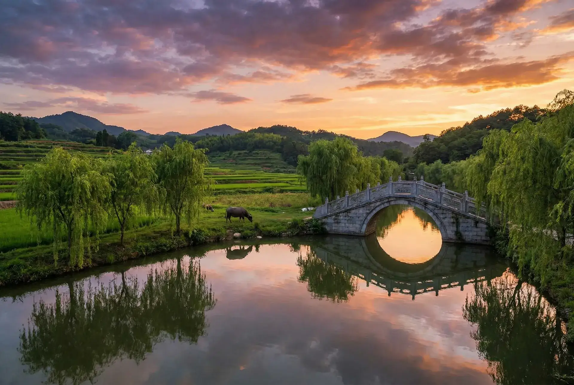 夕阳下的石拱桥与垂柳，水牛在河边吃草 - 阴阳打更人电影 乡村美景